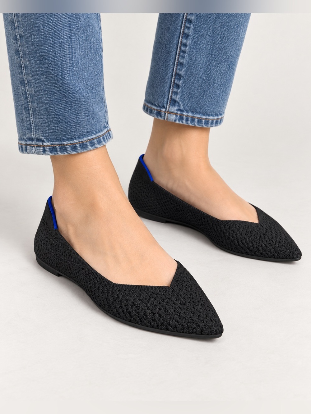 Rothy’s The Point Black Knit Pointed Toe Flats Blue Trim Size 9